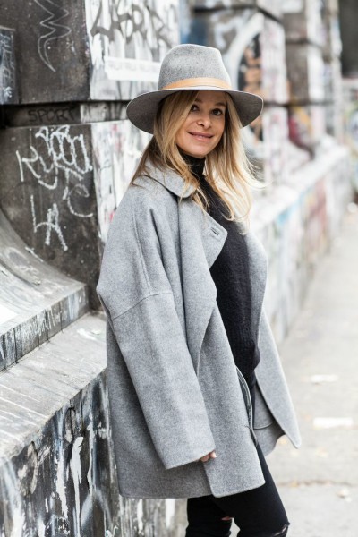 grey coat with grey hat
