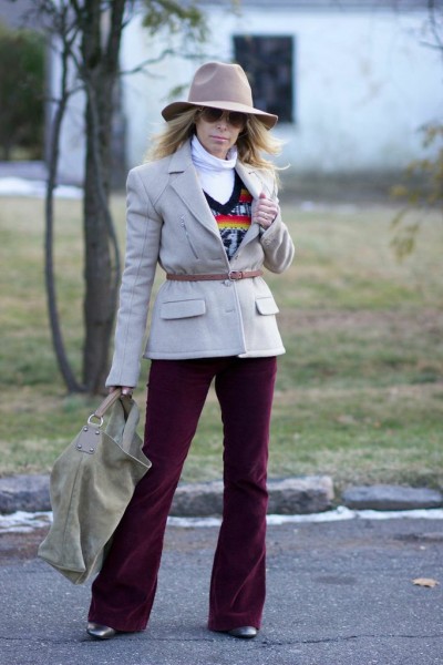 hip-hugger pants, floppy hat