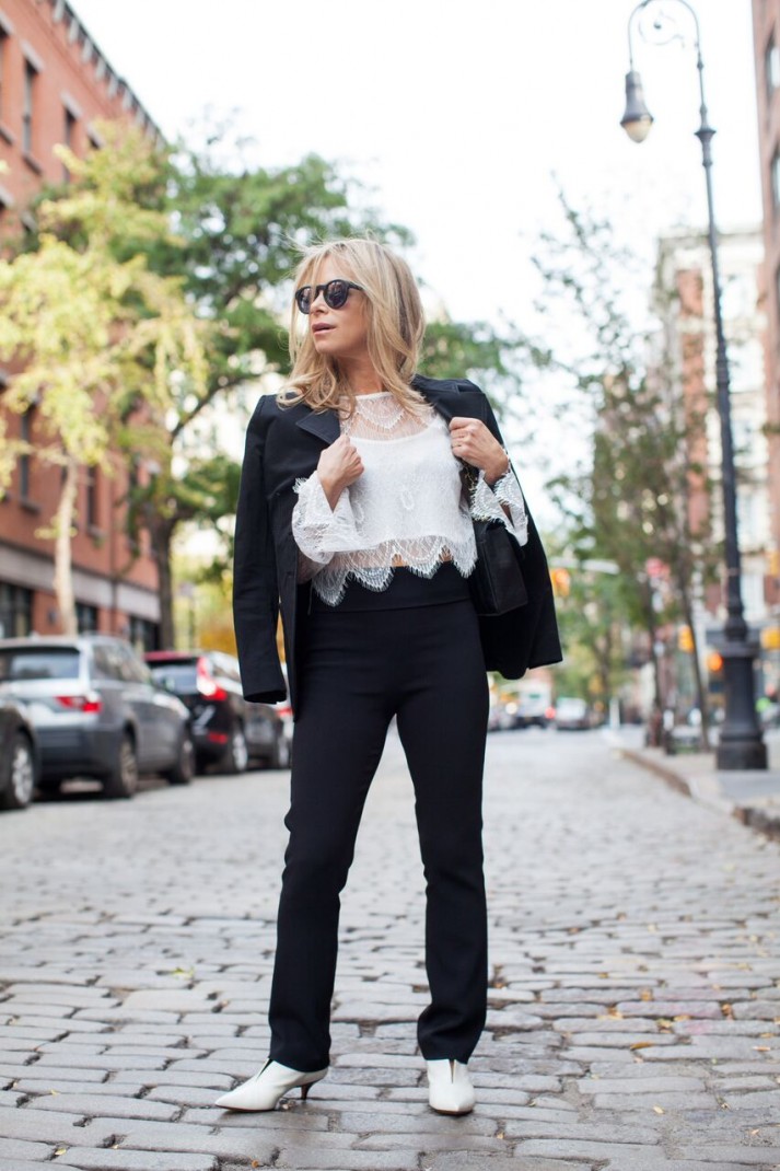 white lace top and black stretch pants